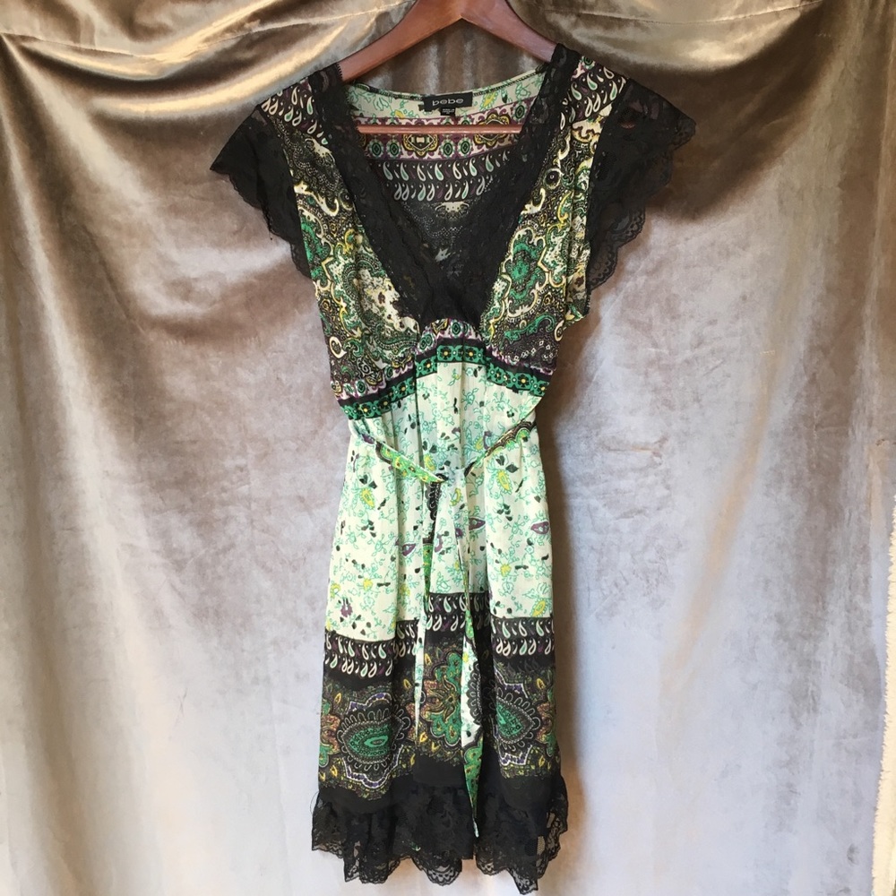 Bebe Green Black Lace Space Dress Made in France